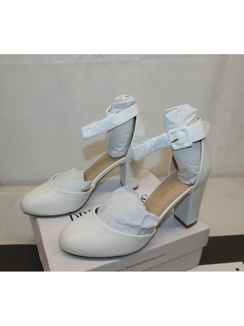 Dress Shoes White Closed Toe Ankle Strap 3-1/2" Block Heel Women's Size 9